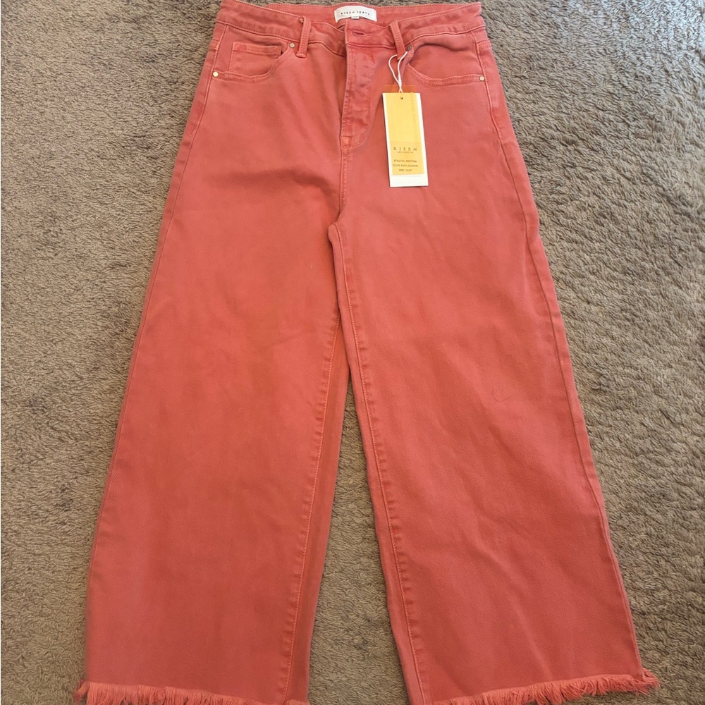 Sold on Depop. Risen Women's Flare Jeans in Coral